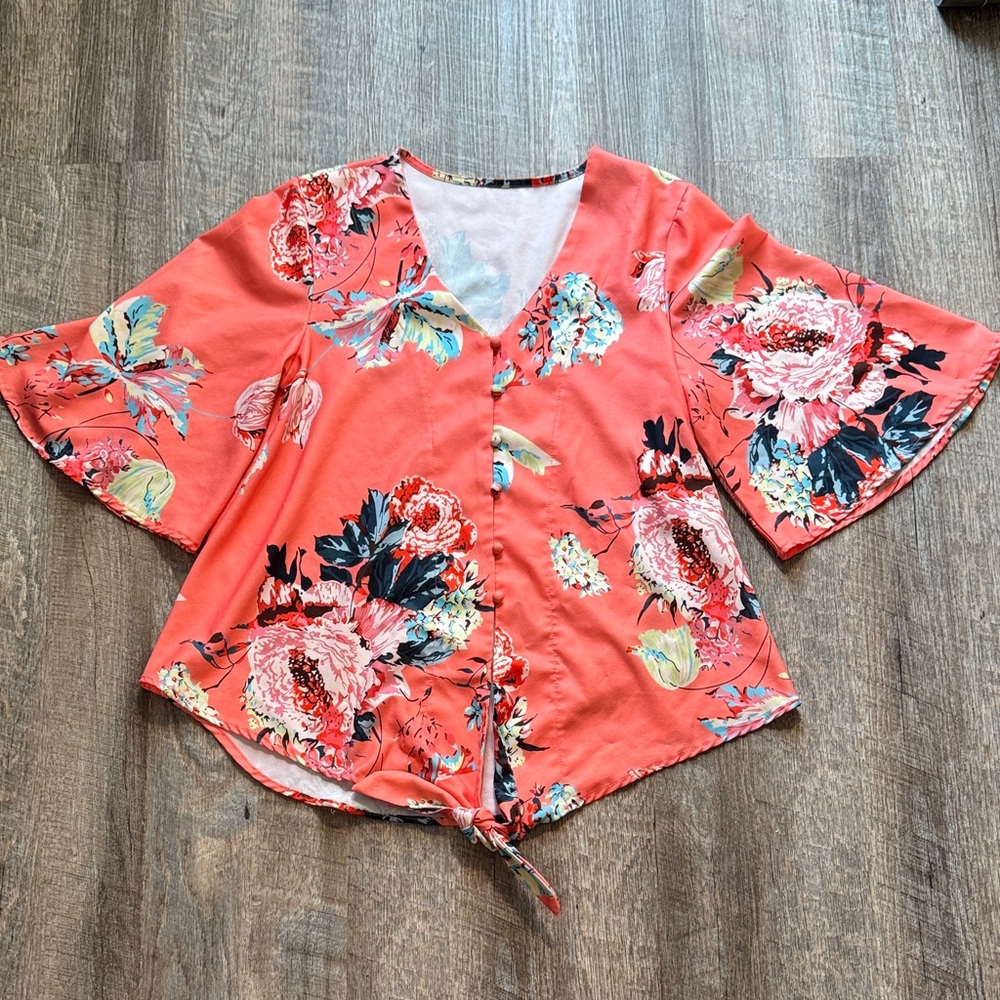 Floral Coral Blouse with Tie Front